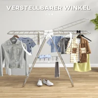 HOMCOM Clothes Drying Rack, 2-Tier Stainless Steel Foldable Laundry Rack with Adjustable Wings and Shoe Holders, Silver(m-5)