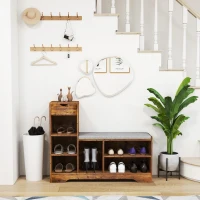 HOMCOM Upholstered Shoe Storage Bench w/ Seat, Entrance Bench w/ Drawer and 6 Open Shelves for Hallway, Rustic Brown(m-1)