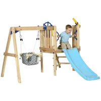 Outsunny Wooden Kids Swing Set with Slide, Swing Seat, Captain's Wheel, Telescope, for Ages 18-48 Months, Natural(m-11)