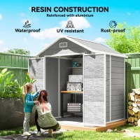 Outsunny 6' x 5' Plastic Outdoor Storage Shed, Garden Shed with Floor, Window, Lockable Doors and Vents, Wood Effect Grey(m-4)