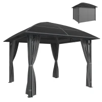 Outsunny 10' x 10' Outdoor Hardtop Gazebo Canopy with UV50+ Polycarbonate Roof, Steel Frame, Central Hook, Curtains, Light Grey(m-11)