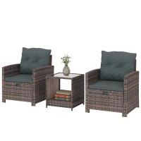 Outsunny 5 Piece Patio Furniture Set, Wicker Patio Chairs with Ottomans, 2-Tier Glass Coffee Table and Cushions, Brown/Dark Grey(m-2)