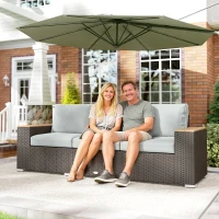 Outsunny 3-Seater Outdoor Sofa Couch, Wicker Patio Sofa with Wood Effect Armrests and Thick Cushions, Grey(m-8)