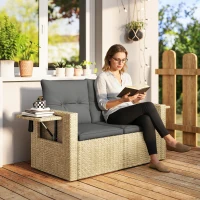 Outsunny Wicker Outdoor Sofa with Side Trays, Rattan Patio Loveseat with Cushions for Garden Balcony, Light Grey(m-1)
