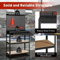 HOMCOM Work Bench with Pegboard, 31.5" Heavy Duty Metal Workbench with Hanging Kits, 2 Lower Shelves and Large Drawer, Black(m-6)