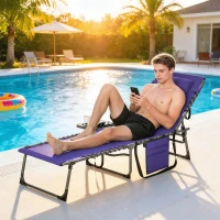 Outsunny Folding Outdoor Chaise Lounge Chair Tanning Chair with 5-Level Adjustable Back, Side Table, Pillow, Pocket, Purple(m-10)