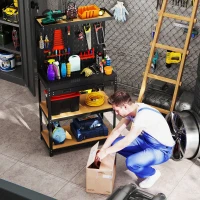 HOMCOM Work Bench with Pegboard, 31.5" Heavy Duty Metal Workbench with Hanging Kits, 2 Lower Shelves and Large Drawer, Black(m-10)