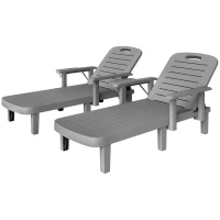 Outsunny Set of 2 Tanning Chair, 5 Positions Adjustable Outdoor Lounge Chairs with Foldable Side Table, Dark Grey(m-2)