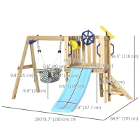 Outsunny Wooden Kids Swing Set with Slide, Swing Seat, Captain's Wheel, Telescope, for Ages 18-48 Months, Natural(m-3)
