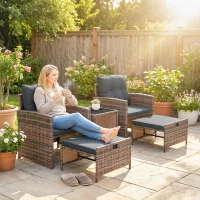 Outsunny 5 Piece Patio Furniture Set, Wicker Patio Chairs with Ottomans, 2-Tier Glass Coffee Table and Cushions, Brown/Dark Grey(m-8)