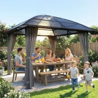 Outsunny 10' x 10' Outdoor Hardtop Gazebo Canopy with UV50+ Polycarbonate Roof, Steel Frame, Central Hook, Curtains, Light Grey(m-1)