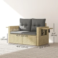 Outsunny Wicker Outdoor Sofa with Side Trays, Rattan Patio Loveseat with Cushions for Garden Balcony, Light Grey(m-3)