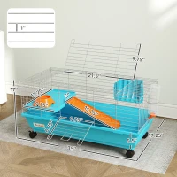 PawHut 35"L Small Animal Cage, Rolling Bunny Cage, Guinea Pig Cage with Wheels, Food Dish, Water Bottle, Hay Feeder, Blue(m-3)
