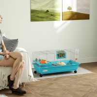 PawHut 35"L Small Animal Cage, Rolling Bunny Cage, Guinea Pig Cage with Wheels, Food Dish, Water Bottle, Hay Feeder, Blue(m-10)