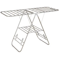 HOMCOM Clothes Drying Rack, 2-Tier Stainless Steel Foldable Laundry Rack with Adjustable Wings and Shoe Holders, Silver(m-11)