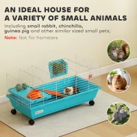 PawHut 35"L Small Animal Cage, Rolling Bunny Cage, Guinea Pig Cage with Wheels, Food Dish, Water Bottle, Hay Feeder, Blue(m-4)