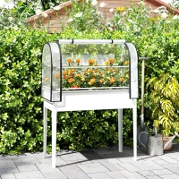 Outsunny Raised Garden Bed with Flip-Up Greenhouse Cover, Metal Elevated Garden Bed with Legs and Drainage Hole, White(m-10)