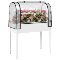 Outsunny Raised Garden Bed with Flip-Up Greenhouse Cover, Metal Elevated Garden Bed with Legs and Drainage Hole, White(m-11)