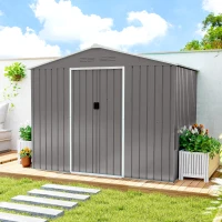 Outsunny 8' x 6' Outdoor Storage Shed, Metal Garden Tool Storage House with Lockable Sliding Doors and Vents, Light Grey(m-10)
