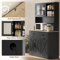HOMCOM 69" Kitchen Pantry Cabinet with Charging Station Kitchen Cabinet with Microwave Stand 7 Gallon Trash Can Cabinet Black(m-9)