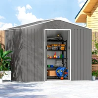Outsunny 8' x 6' Outdoor Storage Shed, Metal Garden Tool Storage House with Lockable Sliding Doors and Vents, Light Grey(m-9)