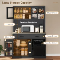 HOMCOM 69" Kitchen Pantry Cabinet with Charging Station Kitchen Cabinet with Microwave Stand 7 Gallon Trash Can Cabinet Black(m-4)