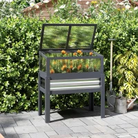 Outsunny Raised Garden Bed with Flip-Up Greenhouse Top, Wooden Elevated Planter Box with Legs and Liner, Grey(m-10)