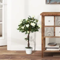 Outsunny 3FT Artificial Plant White Rose Floral in Pot, Fake Plant for Home Indoor Decor(m-4)