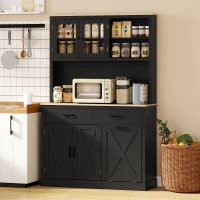 HOMCOM 69" Kitchen Pantry Cabinet with Charging Station Kitchen Cabinet with Microwave Stand 7 Gallon Trash Can Cabinet Black(m-8)