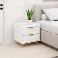 HOMCOM Bedside Table, Nightstand with 2 Drawers, Side End Table with Metal Legs for Bedroom, White(m-1)