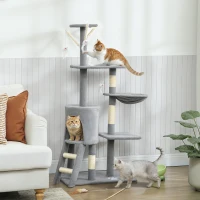 PawHut 53" Cat Tree Tower, Kitten Activity Centre with Scratching Posts, Condo, Perches, Ladder, Hammock, Dangling Toys, Grey(m-1)