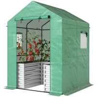 Outsunny Greenhouse with Raised Garden Bed, Galvanized Metal Planter Box with PE Cover, Roll Up Door, 56" x 56" x 75", Green(m-2)