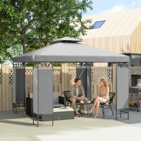 Outsunny 10 x 10 FT Canopy Gazebo, Double Roof Patio Gazebo with Screen Panels and Metal Frame for Deck, Backyard, Light Grey(m-1)