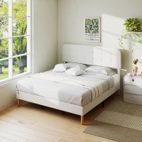 HOMCOM King Size Bed Frame with Adjustable Headboard Upholstered Platform Bed Frame with Wood Slat Support Noise Free White(m-10)