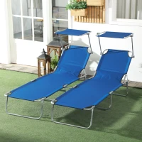 Outsunny 2Pcs Outdoor Lounge Chair, Adjustable Folding Chaise Lounge with Sun Shade for Beach, Camping, Hiking, Blue(m-1)