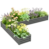 Outsunny L-Shaped Raised Garden Bed, 82" x 109" x 12" Galvanized Steel Planter Box with Multi-reinforced Rods for Vegetables, Flowers and Herbs, Light Grey(m-11)