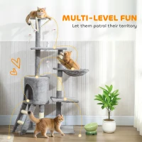PawHut 53" Cat Tree Tower, Kitten Activity Centre with Scratching Posts, Condo, Perches, Ladder, Hammock, Dangling Toys, Grey(m-4)