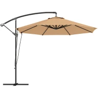 Outsunny 9.5' Cantilever Umbrella with Wind Protection Strap and Cover, Hanging Umbrella with Crank and Cross Base, Khaki(m-11)