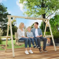 Outsunny 3 Seat Wooden Porch Swing with Stand, Patio Swing with Cushion, for Garden, Poolside, Backyard, Natural Wood(m-8)