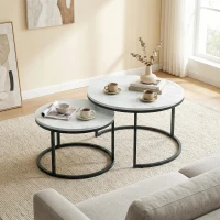 HOMCOM Modern Coffee Table Set of 2, Nesting Side Tables w/ Metal Base for Living Room Bedroom Office Marble White(m-9)