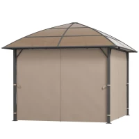Outsunny 10' x 10' Outdoor Hardtop Gazebo Canopy with UV60+ Polycarbonate Roof, Steel Frame, Central Hook, Curtains, Khaki(m-2)
