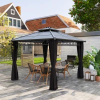 Outsunny 9' x 10' Outdoor Hardtop Gazebo Canopy w/ Double PC Roof, Steel Frame, Nettings, Curtains for Garden Lawn Deck, Black(m-8)