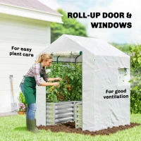 Outsunny Greenhouse with Raised Garden Bed, Galvanized Metal Planter Box with PE Cover, Roll Up Door, 56" x 56" x 75", White(m-7)