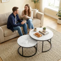 HOMCOM Modern Coffee Table Set of 2, Nesting Side Tables w/ Metal Base for Living Room Bedroom Office Marble White(m-10)