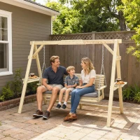 Outsunny 3 Seat Wooden Porch Swing with Stand, Patio Swing with Cushion, for Garden, Poolside, Backyard, Natural Wood(m-10)