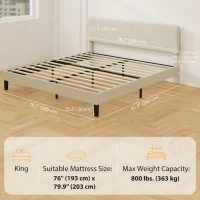 HOMCOM King Size Bed Frame with Adjustable Upholstered Headboard Platform Bed Frame Wood Slat Support Noise Free Light Grey(m-3)