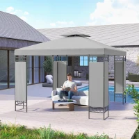 Outsunny 10 x 10 FT Canopy Gazebo, Double Roof Patio Gazebo with Screen Panels and Metal Frame for Deck, Backyard, Light Grey(m-8)
