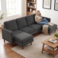 HOMCOM Sectional Sofa, Corduroy U Shaped Couch with Double Chaise and Spring Cushions, 2200lb Capacity, Dark Grey(m-9)