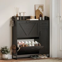 HOMCOM Farmhouse Shoe Storage Cabinet with Side Cabinet and Adjustable Shelves for Entryway, Hallway, Holds 12 Pairs, Black(m-1)