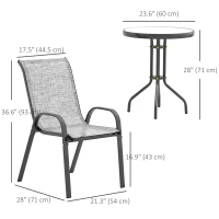 Outsunny 3 Pieces Bistro Set, Small Patio Furniture Set with Stackable Mesh Chairs, Glass Table for Garden, Balcony, Grey(m-3)